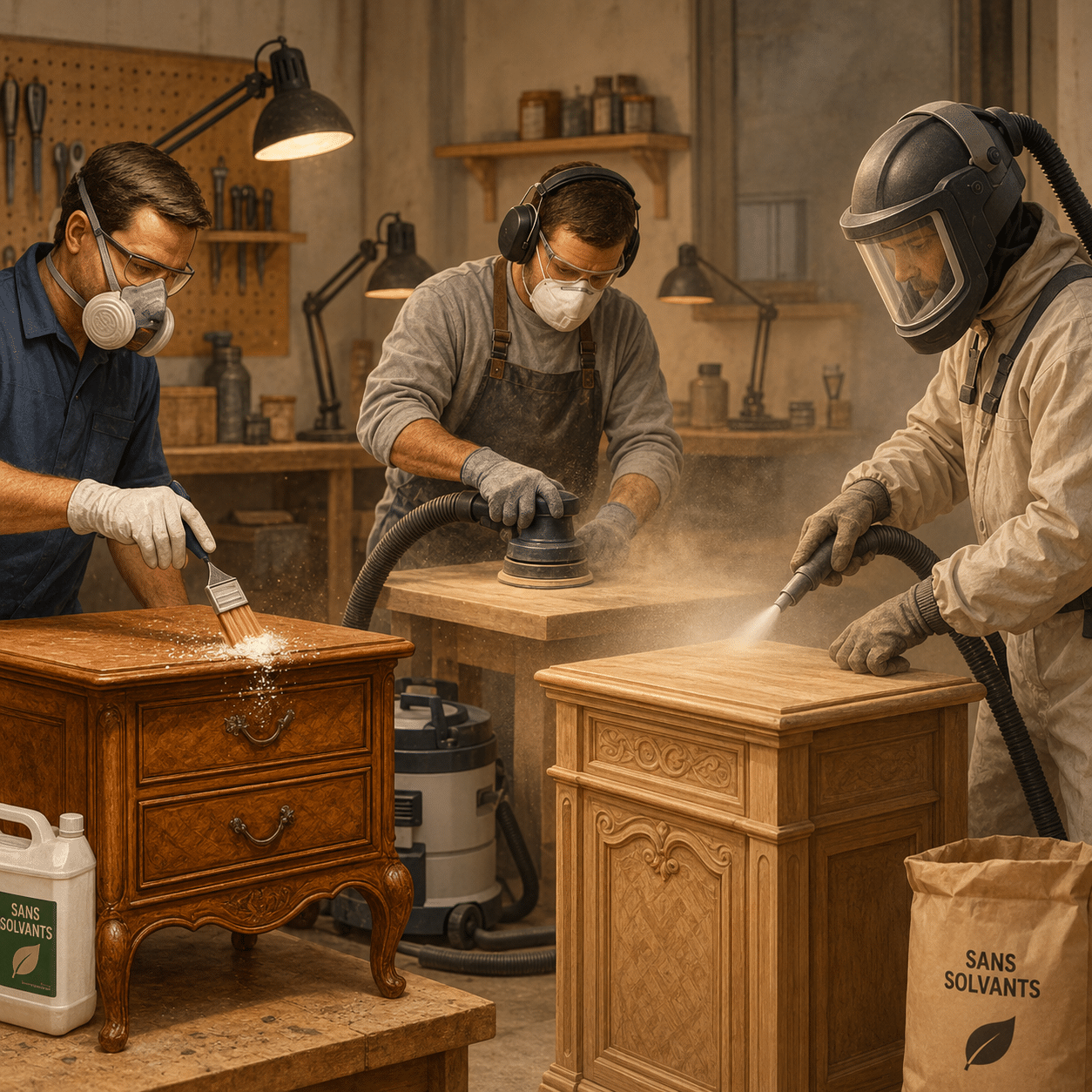 Comparaison de 3 techniques de décapage de meuble en bois : décapant chimique, ponçage et aérogommage, avec équipements de protection réglementaires