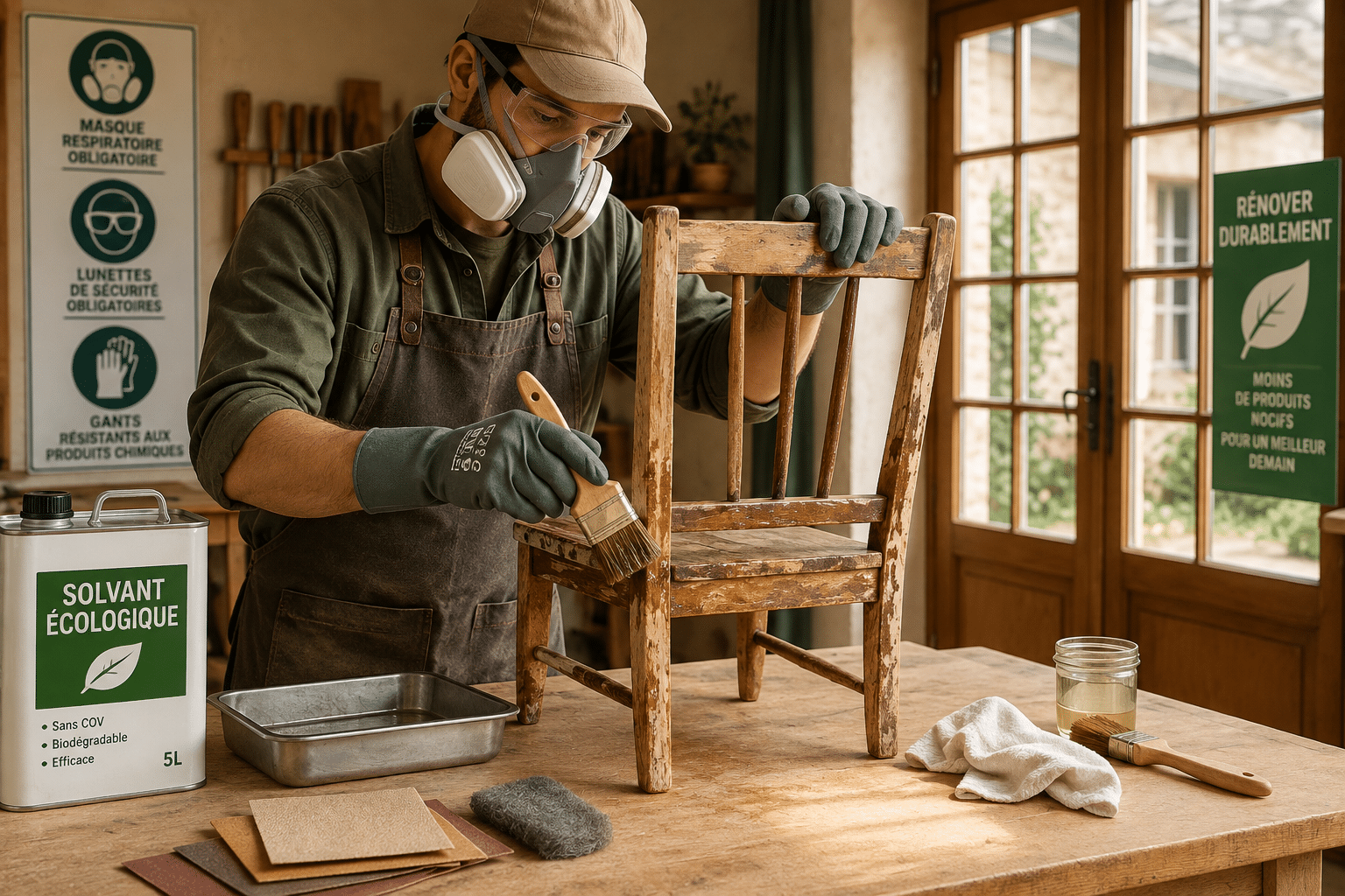 Artisan avec masque respiratoire, lunettes et gants appliquant un décapant chimique écologique sur une chaise en bois, consignes EPI affichées
