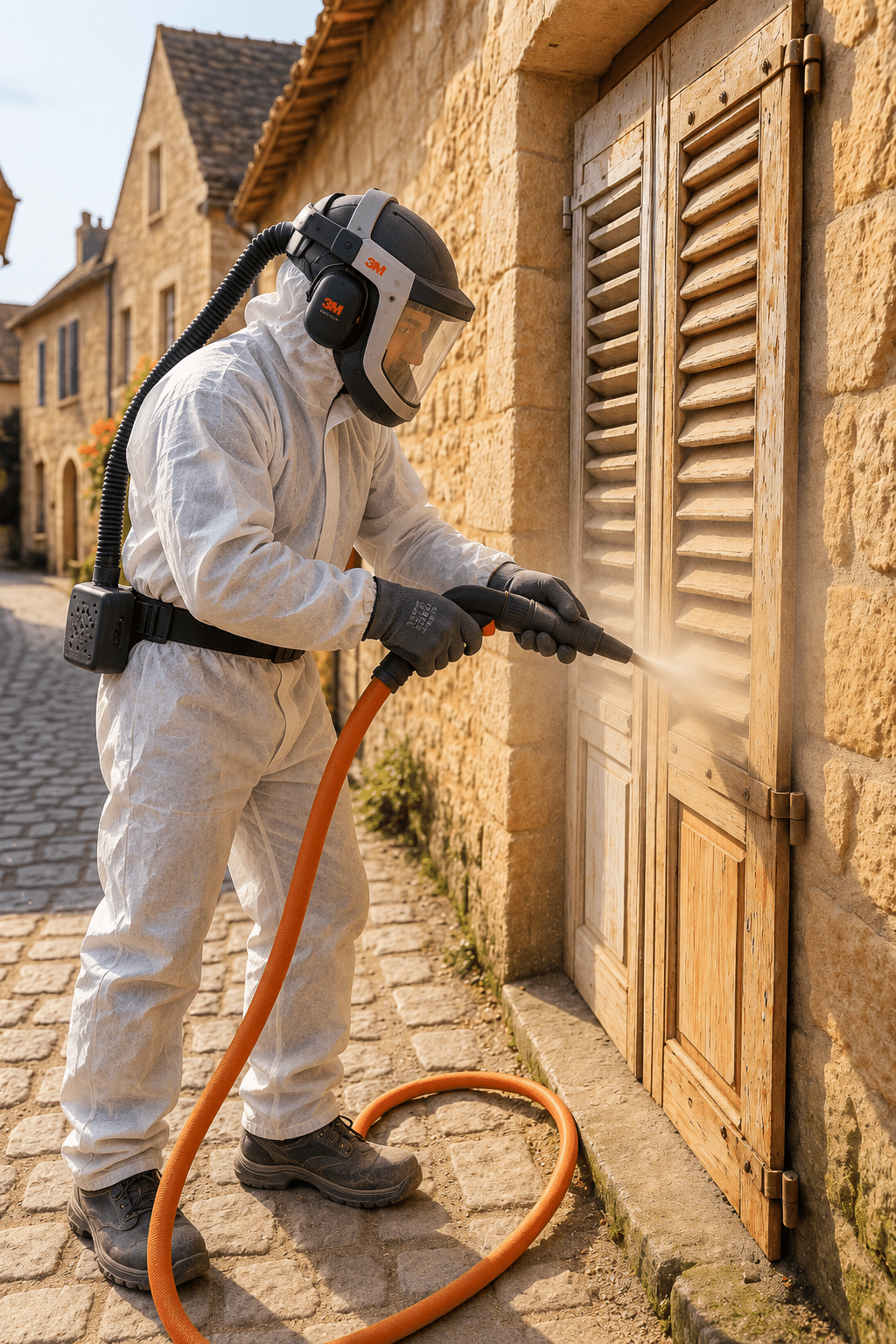 Artisan en combinaison de protection et masque intégral 3M décapant un volet en bois par aérogommage dans une rue de village en pierre