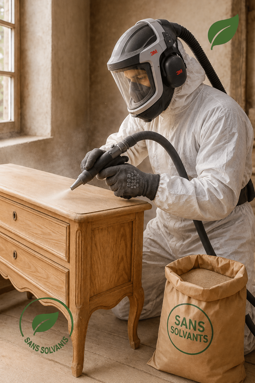 Artisan en combinaison de protection et masque intégral 3M sablant une commode en bois, sac abrasif sans solvants