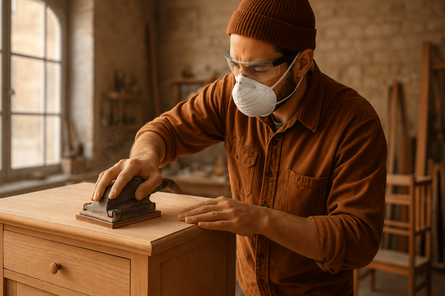 Artisan ponçant un meuble en bois avec masque anti-poussière et lunettes de protection