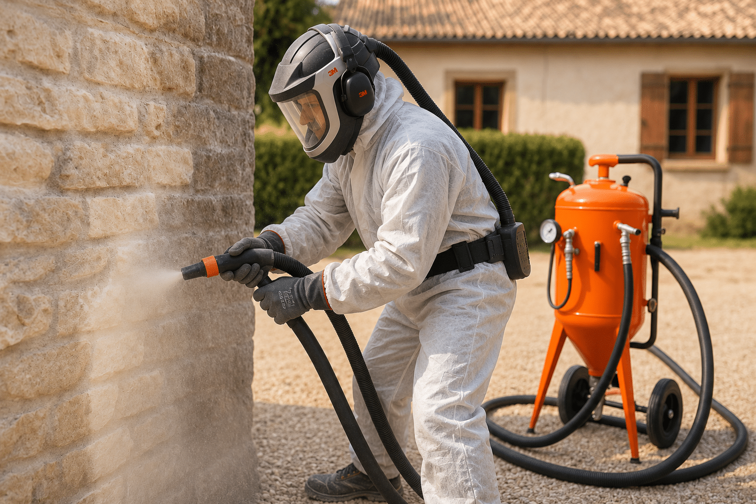 Technicien en combinaison de protection et masque intégral 3M réalisant un aérogommage de façade en pierre